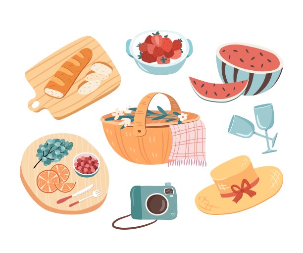 夏天野餐的一组对象孤立在白色背景。图片下载