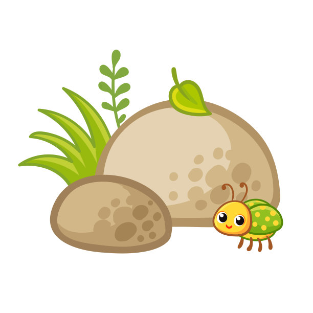 白色背景上的绿色甲壳虫和石头。矢量插图在卡通风格。图片下载