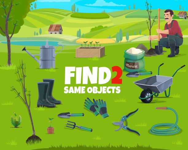 找到两个相同的农民工具，孩子的游戏工作表图片下载