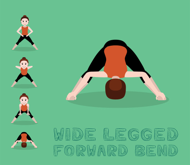 瑜伽教程宽腿向前弯曲卡通矢量插图图片下载