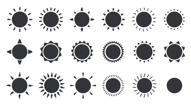 简单的太阳图标设置。阳光灿烂，阳光灿烂。太阳图标集。黄色太阳星图标收藏。夏天，阳光，自然，天空。矢量插图孤立在白色背景上。图片下载