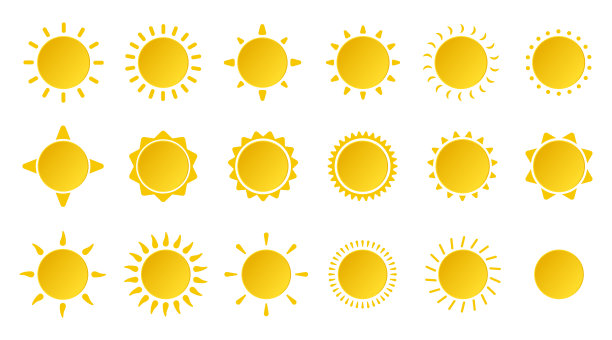 简单的太阳图标设置。阳光灿烂，阳光灿烂。太阳图标集。黄色太阳星图标收藏。夏天，阳光，自然，天空。矢量插图孤立在白色背景上。图片下载