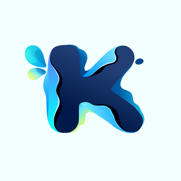 K字母生态标志与蓝色露珠全息故障风格。环境友好的图标。图片下载