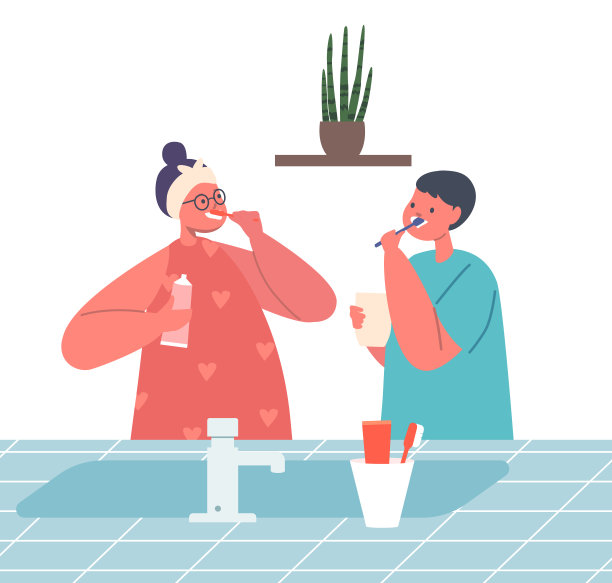 早上的卫生程序，小男孩和小女孩在浴室洗澡或淋浴后刷牙图片下载