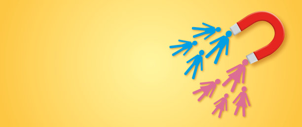 黄色墙面背景的磁铁吸引纸男女，隐喻新客户。图片下载