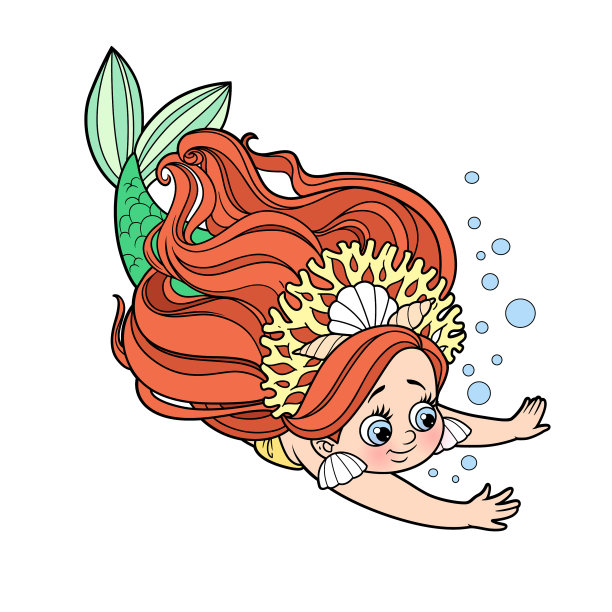 可爱的小美人鱼女孩戴着珊瑚头饰潜水图片下载
