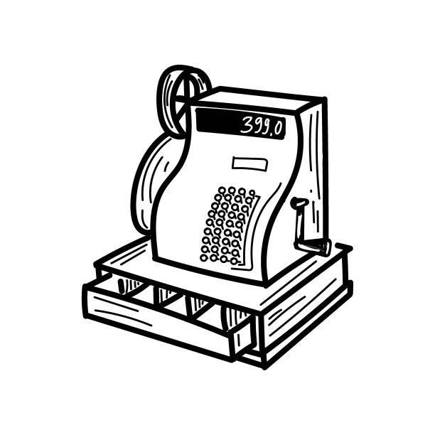 一个旧收银机，一个手绘的素描风格的涂鸦。古董。客户报告,收据。报告的商店。利润的计算。图片下载