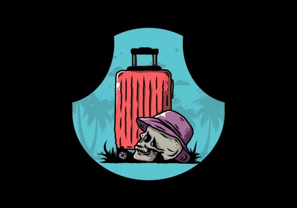 一个带着帽子的骷髅头，上面有旅行箱的插图图片下载
