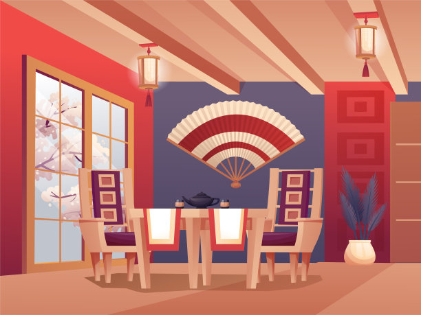 日本餐厅的室内，桌椅，墙上的风扇，窗户上的樱花图片下载