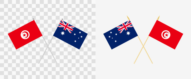 突尼斯和澳大利亚国旗交叉。彭农角28度。选择不同形状和颜色的旗杆-银和金。透明背景上的标志示例。向量图片下载