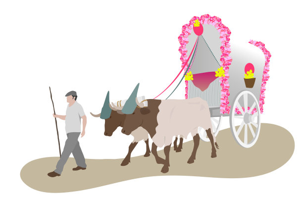 El朝圣者典型的传统牛车Rocío。鲜花装饰的马车图片下载