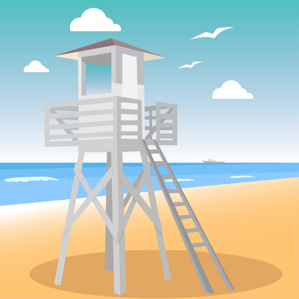 海滩上的救生员瞭望塔。阳光明媚的日子，在海边有一间小屋看海图片下载