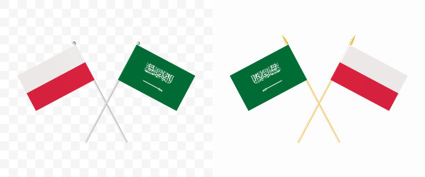 波兰和沙特交叉国旗。彭农角28度。选择不同形状和颜色的旗杆-银和金。透明背景上的标志示例。向量图片下载