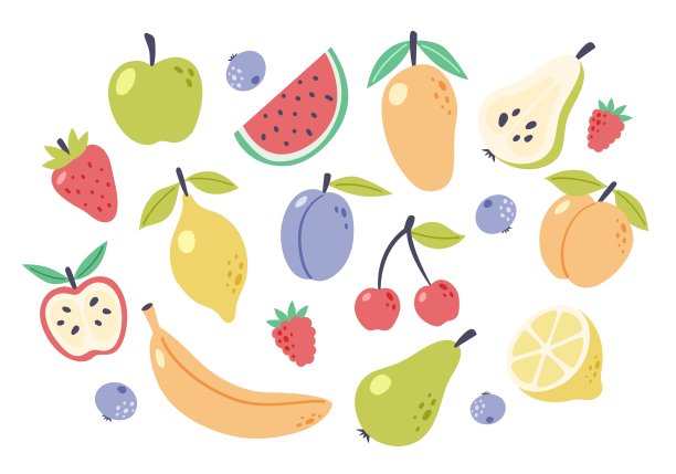 夏天水果集合。集新鲜热带和花园水果涂鸦，有机生物素食食品。可爱的卡通矢量插画图片下载