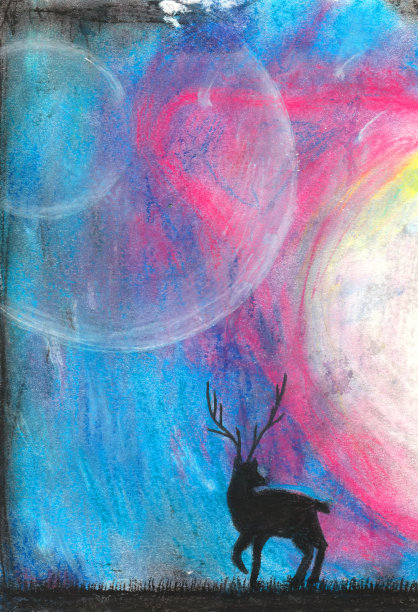 一只有角的鹿在宇宙景观背景下的剪影。图片下载