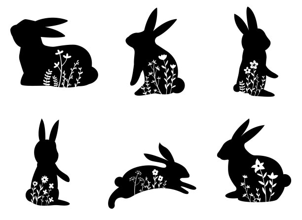 可爱的兔子白花，复活节，手绘，涂鸦，人物，黑色。矢量图图片下载