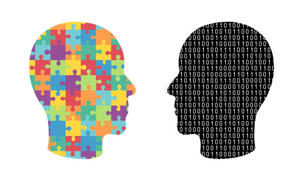 两个有着相反思维的人头。理性和创造性思维。二进制计算机代码和多色谜题。图片下载