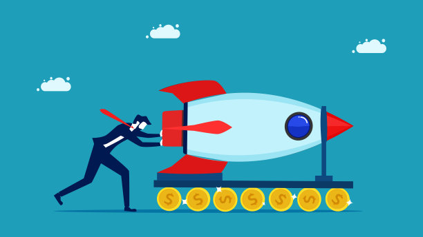 商人推着火箭。用金钱创业。金融和投资图片下载