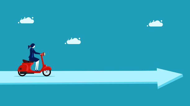 的旅程。沿箭头驾驶摩托车的女商人。经营理念向量图片下载