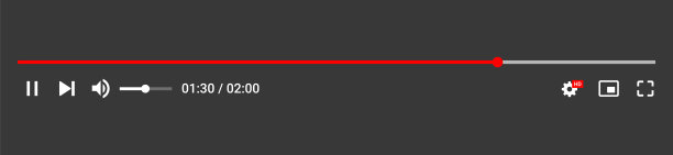 最小化视频播放器栏或音频播放器控制面板。网页和移动应用的平面视频播放器界面。图标媒体音乐播放器。现代音乐回放应用。多媒体导航。图片下载