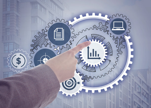 业务流程。女人触摸不同图标的虚拟屏幕，特写图片下载