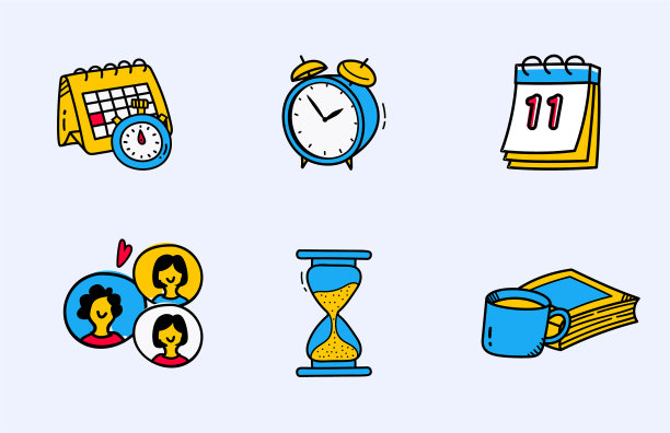 矢量插图素描图标设置时间和时钟手表，沙漏，日历，笔记本，人的图标。图片下载