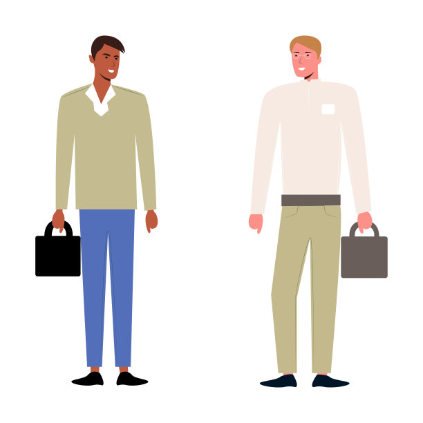 时尚男士在商务会议上开会的肖像。男生学生们穿着时髦的衣服，拿着公文包进行概念设计。远程学习的概念。孤立平面向量。现代成功的青年。图片下载