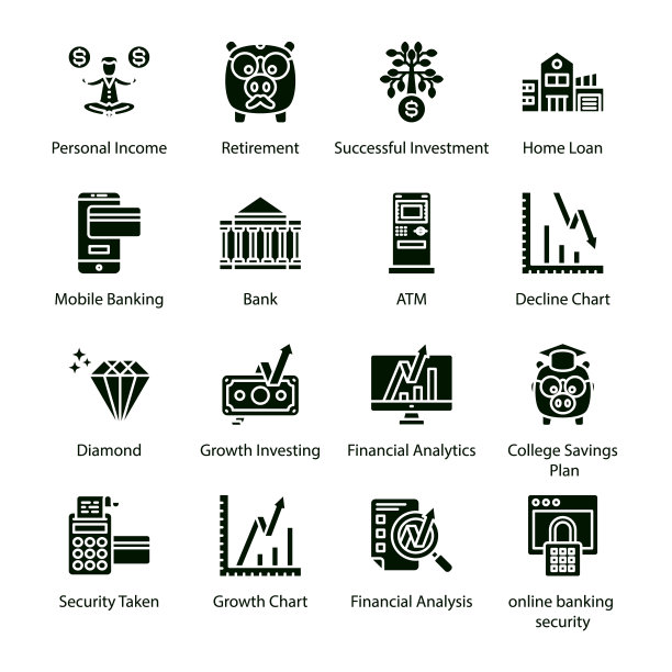 金融字形图标-固体，矢量图片下载
