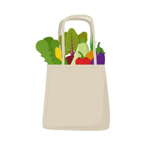 环保可重复使用的新鲜蔬菜购物袋。自然食物的矢量插图。图片下载
