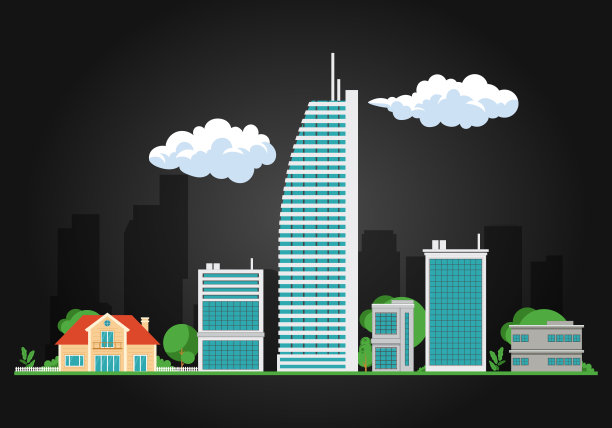 公司大楼和仓库大楼，矢量插图在黑色背景与树木和灌木图片下载