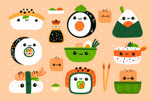 有趣的日本食品。可爱的寿司字符。卡哇伊面包卷和沙拉。亚洲美食。豆腐和酱油。海藻和大米。三文鱼填充。开心的生鱼片。花哨的向量组图片下载