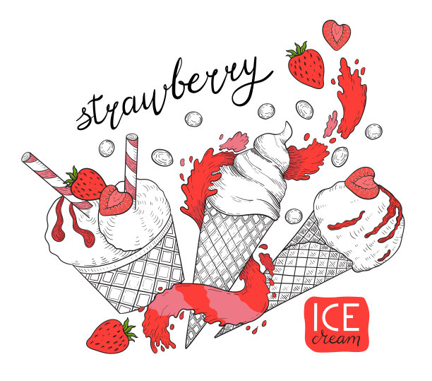 华夫筒里的草莓冰淇淋球。软冰淇淋，上面有草莓。夏日的香美味。图片下载