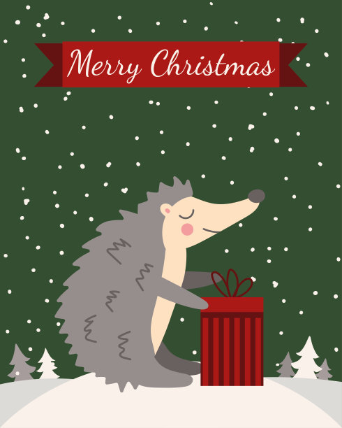 圣诞和新年贺卡模板设计与刺猬和礼品盒和冬季元素。明信片、小册子、邀请函模板。矢量图图片下载