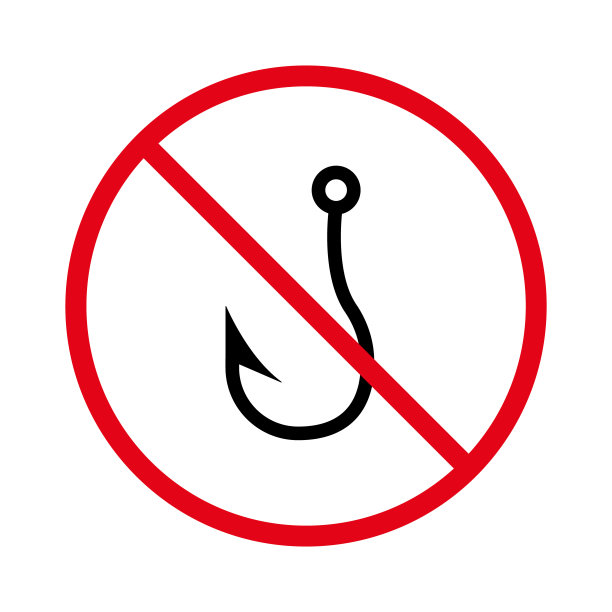 钩Ban黑色剪影图标。禁止在湖和公园河钓鱼标志。禁鱼海象形图。禁止捕鱼地点海鲜红停圈标志。孤立的矢量图图片下载