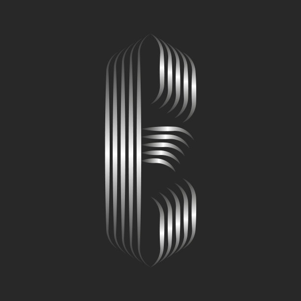 字母字母E哥特标志线条艺术风格卷曲，编织金属梯度条纹从光滑细平行线，银色的身份书法首字母。图片下载