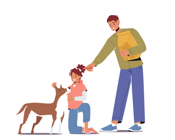友好的儿童角色喂食狗孤立在白色背景。孩子们在收容所给无家可归的小狗食物图片下载