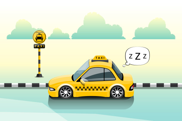出租车司机在城市公交车站等乘客的时间太长，以至于他睡着了。扁平化风格的业务和服务概念矢量插图。图片下载