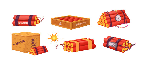 红色炸药棒和雷管盒。图片下载