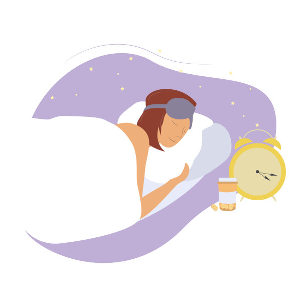 睡觉的女孩，枕头，安眠药和闹钟旁边她的平面矢量插图图片下载