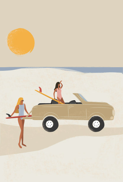 冲浪女孩检查在海滩上的波浪，复古的平面插图图片下载