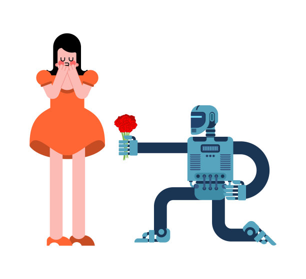 情人机器人送花。一对可爱的机器人和女孩。浪漫的关系。爱与机器人插画图片下载