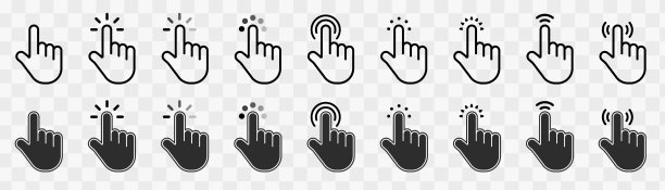 鼠标点击光标设置。手游标。单击图标。鼠标指针。箭头光标。指针单击图标。点击光标，手指点击和等待加载图标。网站箭头或手图标。图片下载