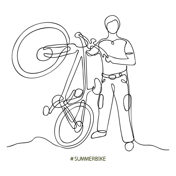 骑山地车的男人。线条风格的运动素描。可编辑的轮廓。向量图片下载