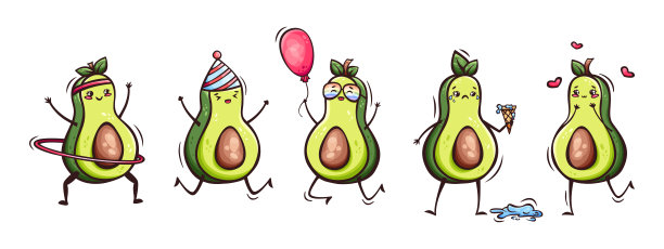 手绘图标集可爱卡哇伊牛油果在涂鸦风格。图片下载