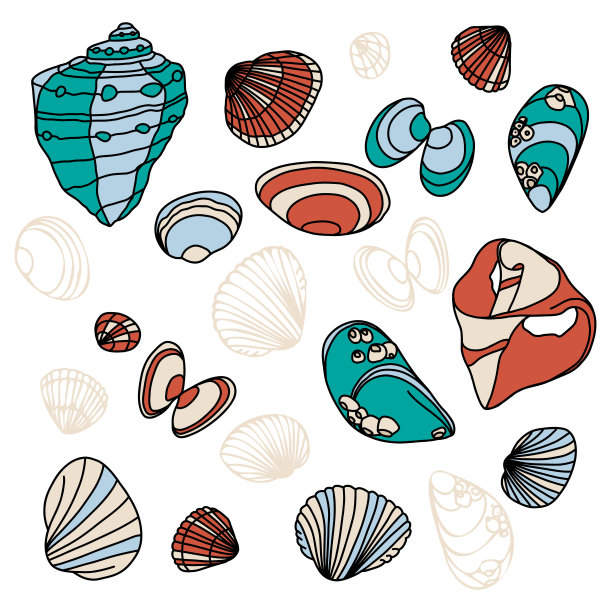矢量插图集:不同的蓝色，黄色和橙色手绘贝壳。夏日时光和航海心情的概念。图片下载