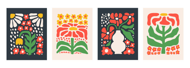 抽象的植物设置海报与各种开花groovy的花在黑暗和光明的背景。图片下载