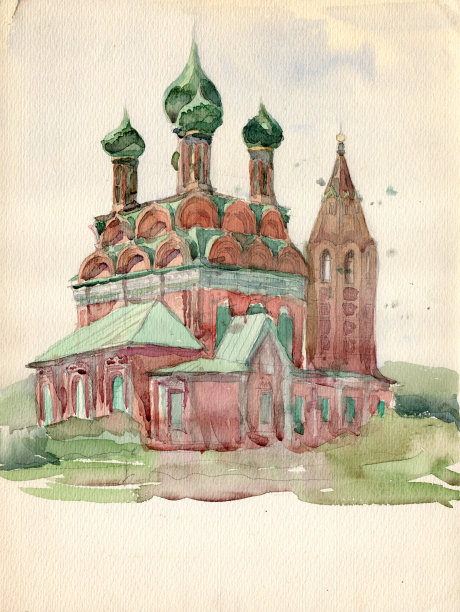 俄罗斯雅罗斯拉夫尔镇，17世纪的砖砌主显节教堂，传统古代建筑风格，带有可可什尼克和洋葱形圆顶图片下载