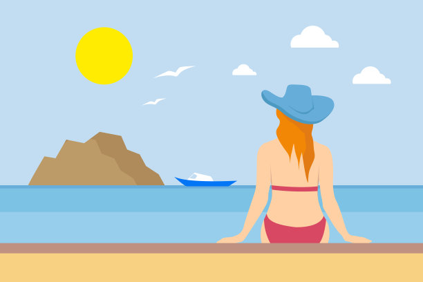 穿着比基尼和帽子的女人坐在那里看着大海。平面设计，阳光明媚的夏季景观，海鸥和小船图片下载