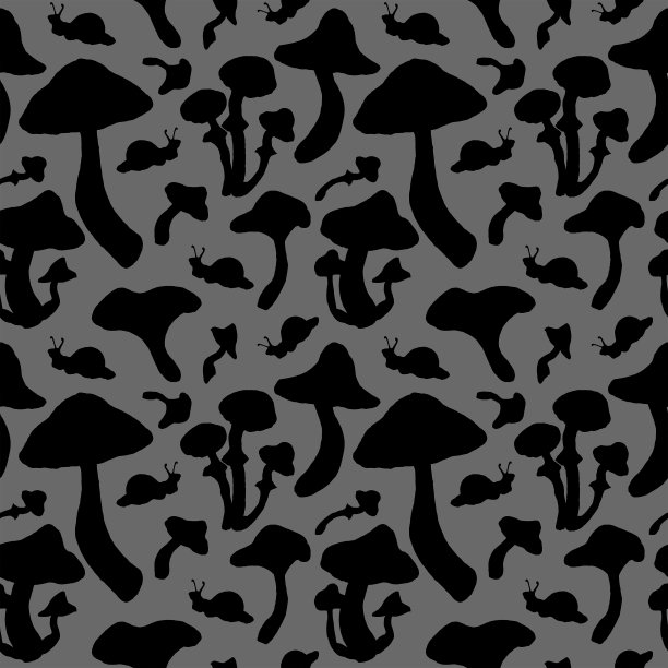 灰色背景上蘑菇剪影的无缝水彩图案。红菇、蝇木耳、鸡油菌、毒菌、蜗牛。图片下载