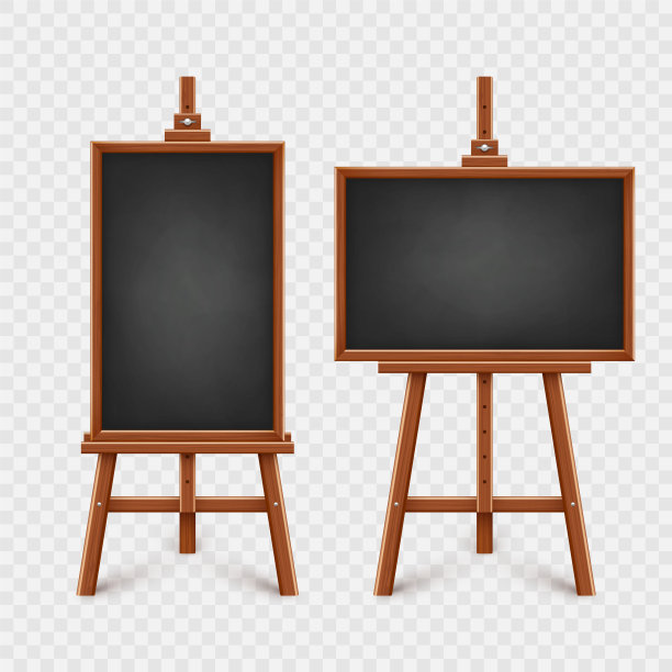 木制画架上的现实黑色黑板。空白黑板放在三脚架上的木框里。展示板，文字书写面，绘图。在线学习，学习模型。矢量图图片下载